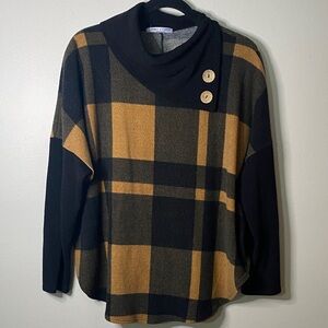 Chris & Carol Black and Brown Plaid Cowl Neck Top